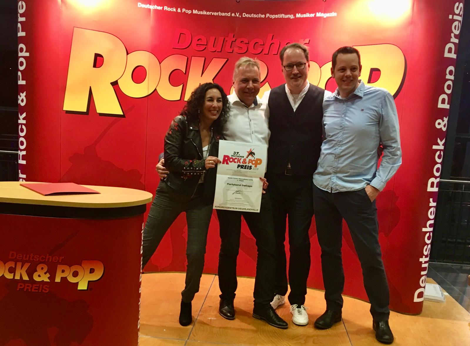 zeigt die Musiker der Band Dacapo bei der Preisverleihung des Rock und Pop Preises 2019